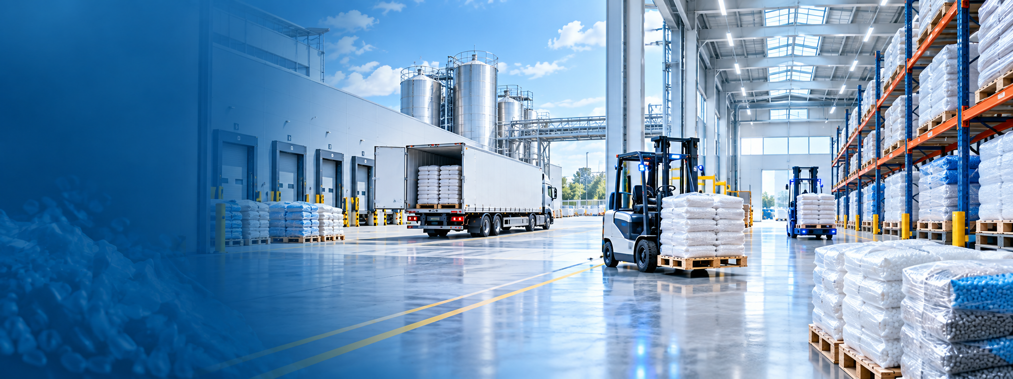 Bright polymer materials warehouse and logistics facility