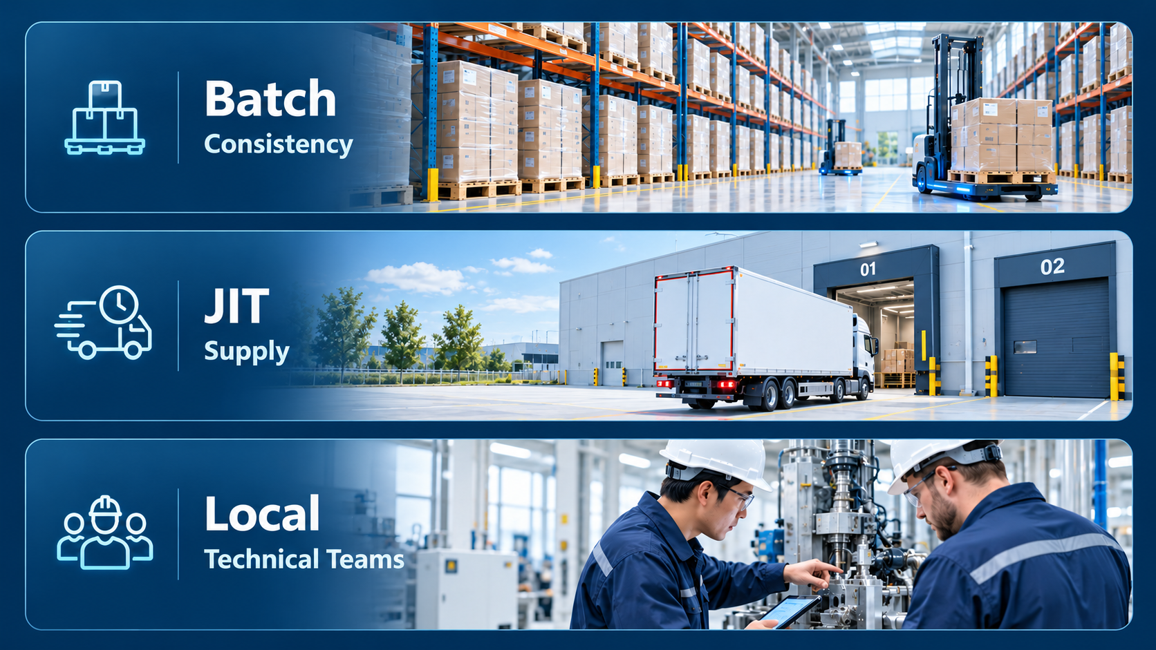 Batch consistency, just-in-time supply, and local technical teams in a bright industrial logistics visual