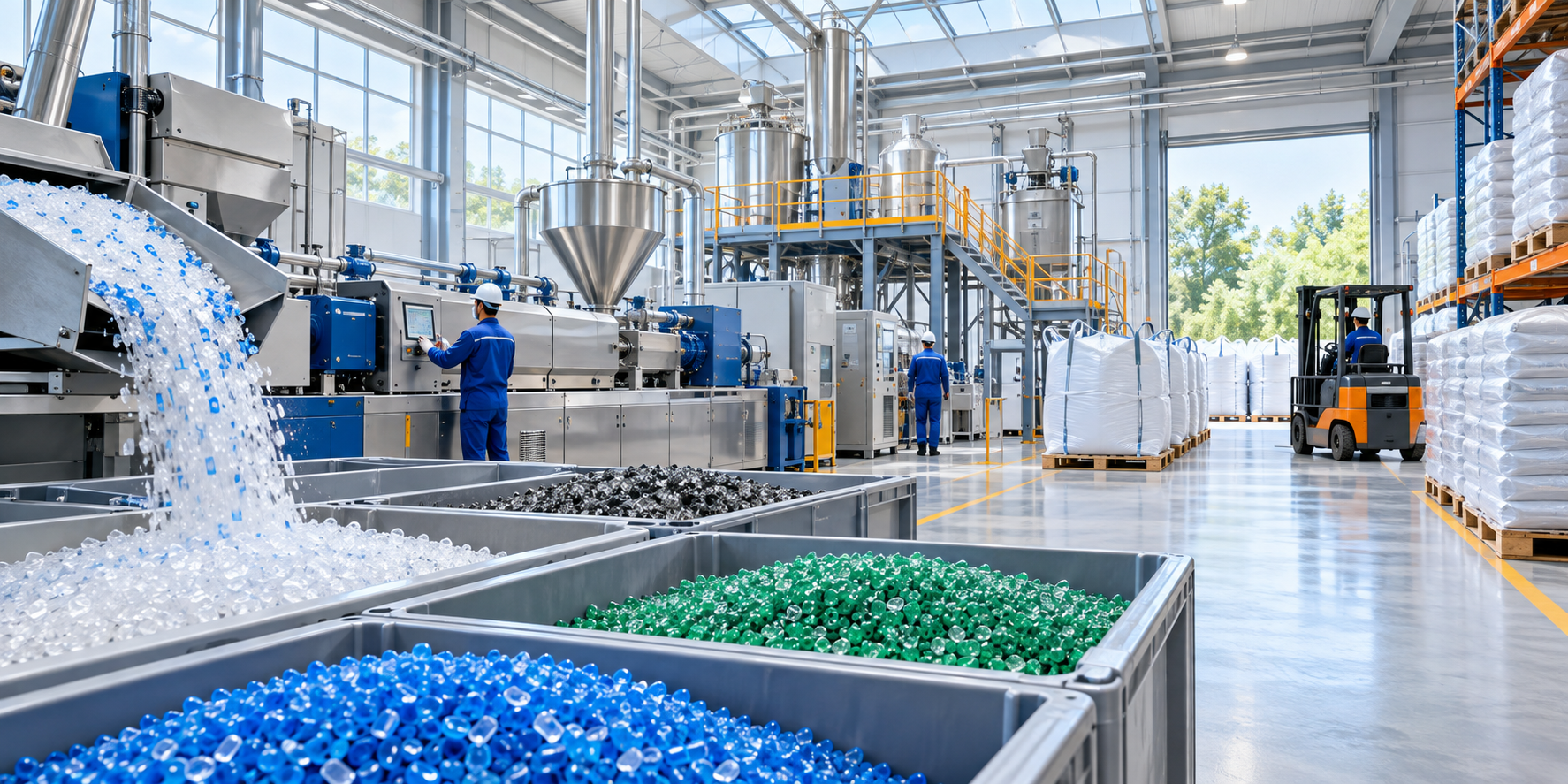 Sustainable polymer pellets and recycling operations in a bright processing facility